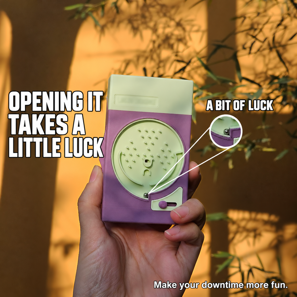 Olive and sand Lucky-Dispensing storage box, front view