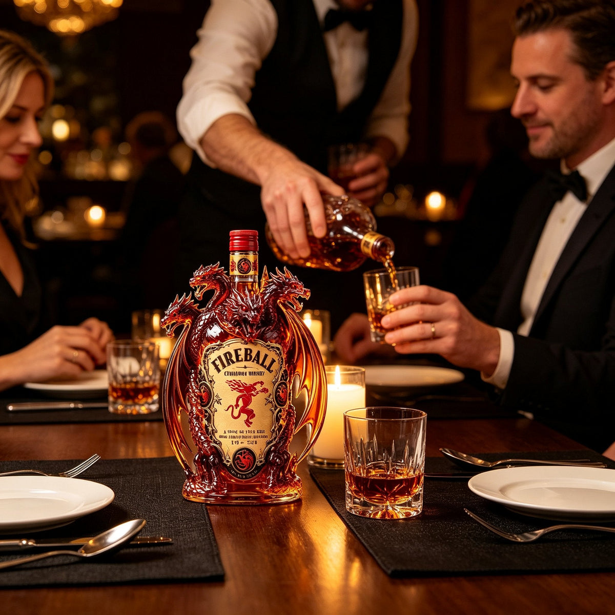 Dragon collector bottle on an elegant dinner table