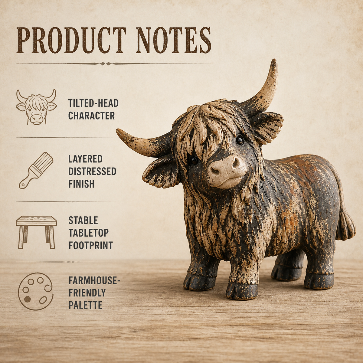 Product detail guide for the tilted-head Highland cow figurine and its distressed tabletop design