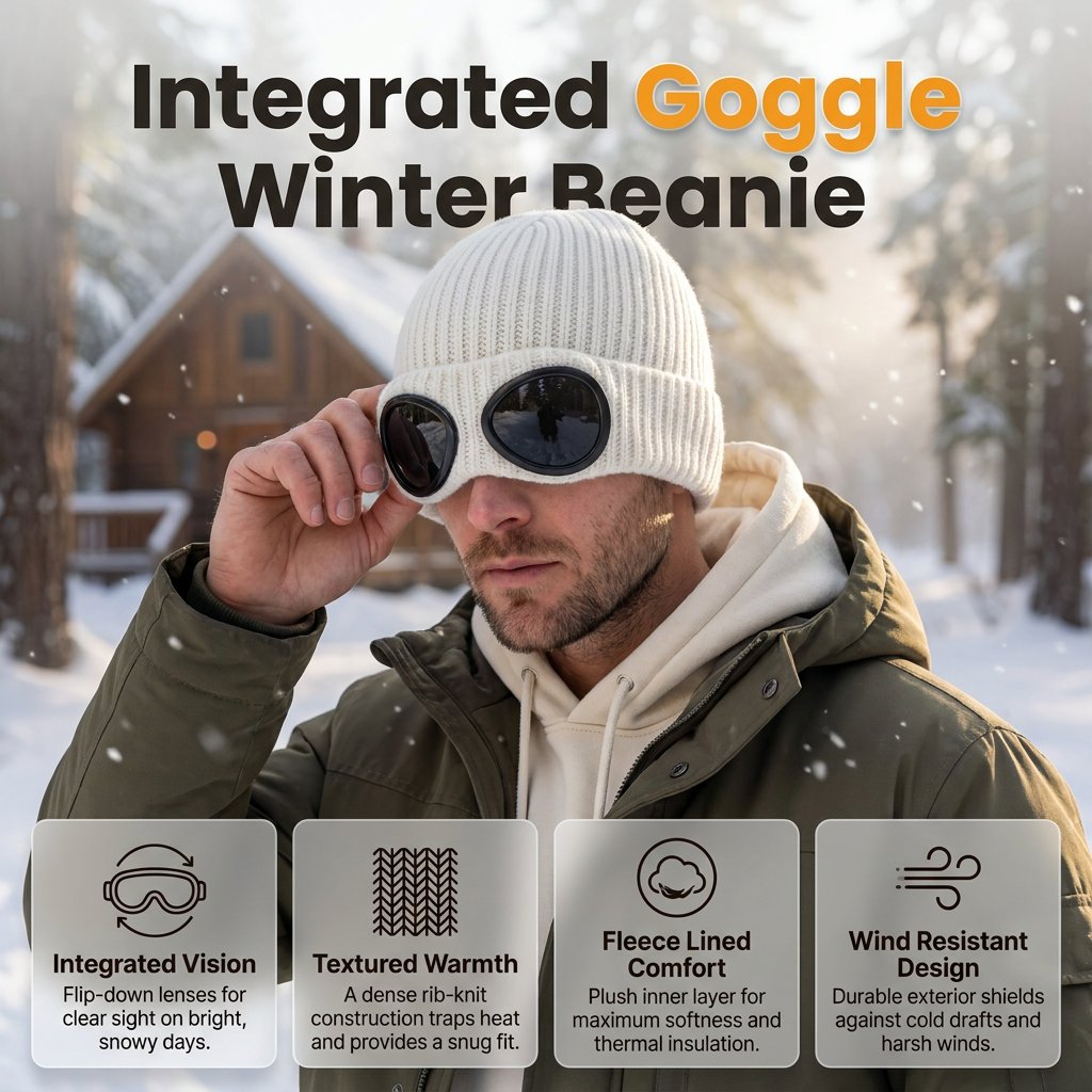 🌬️ Windproof Winter Beanie With Goggles, Warm Knit Hat for Outdoors