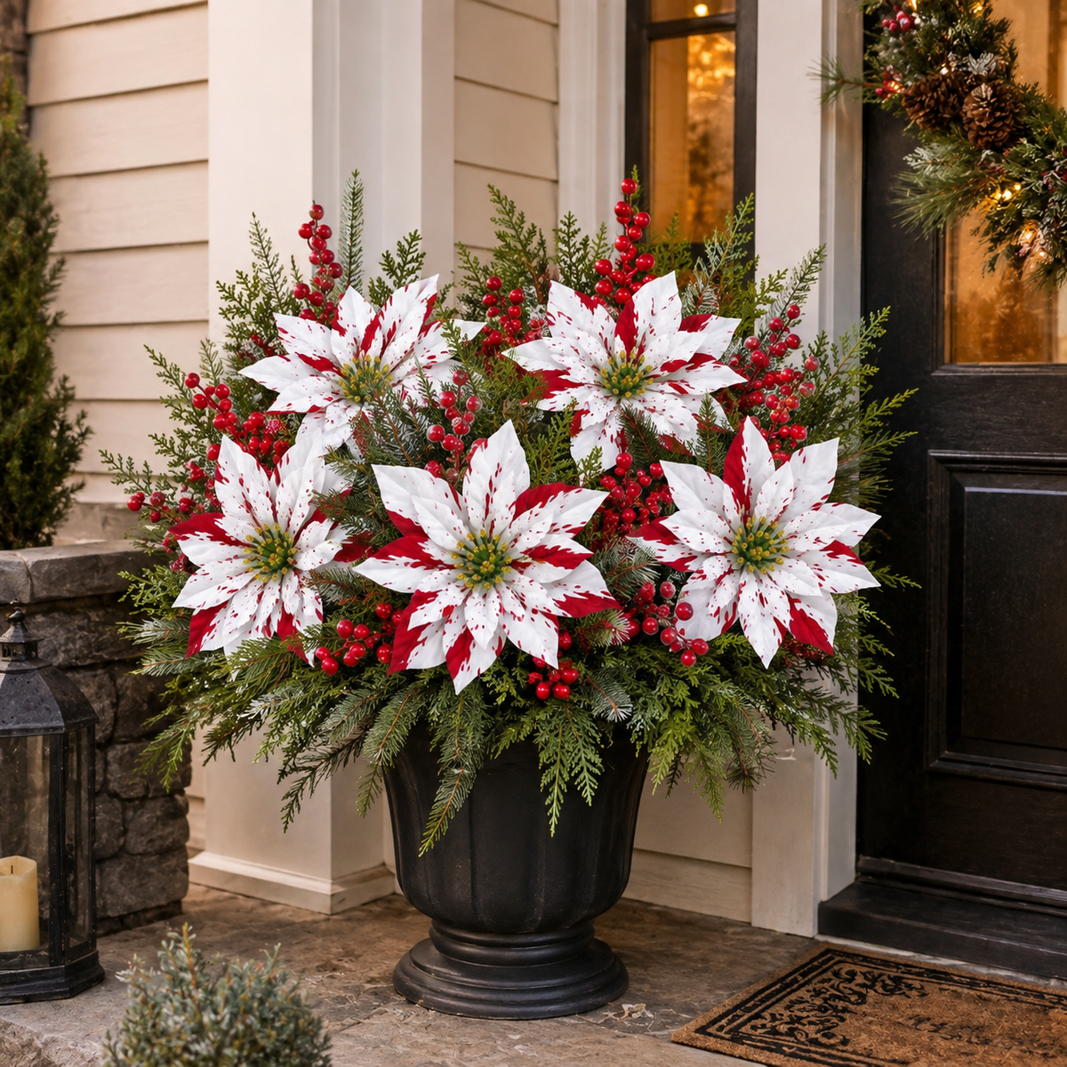 Red and white Christmas poinsettia planter inserts arranged beside a front door