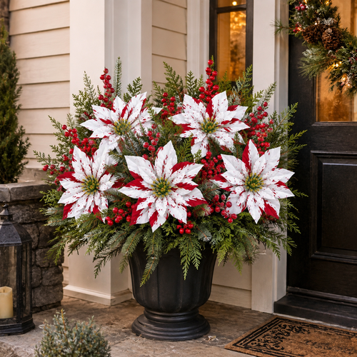 ❤️ Christmas Poinsettia Planter Inserts – Set of 6 Red & White Holiday Floral Picks