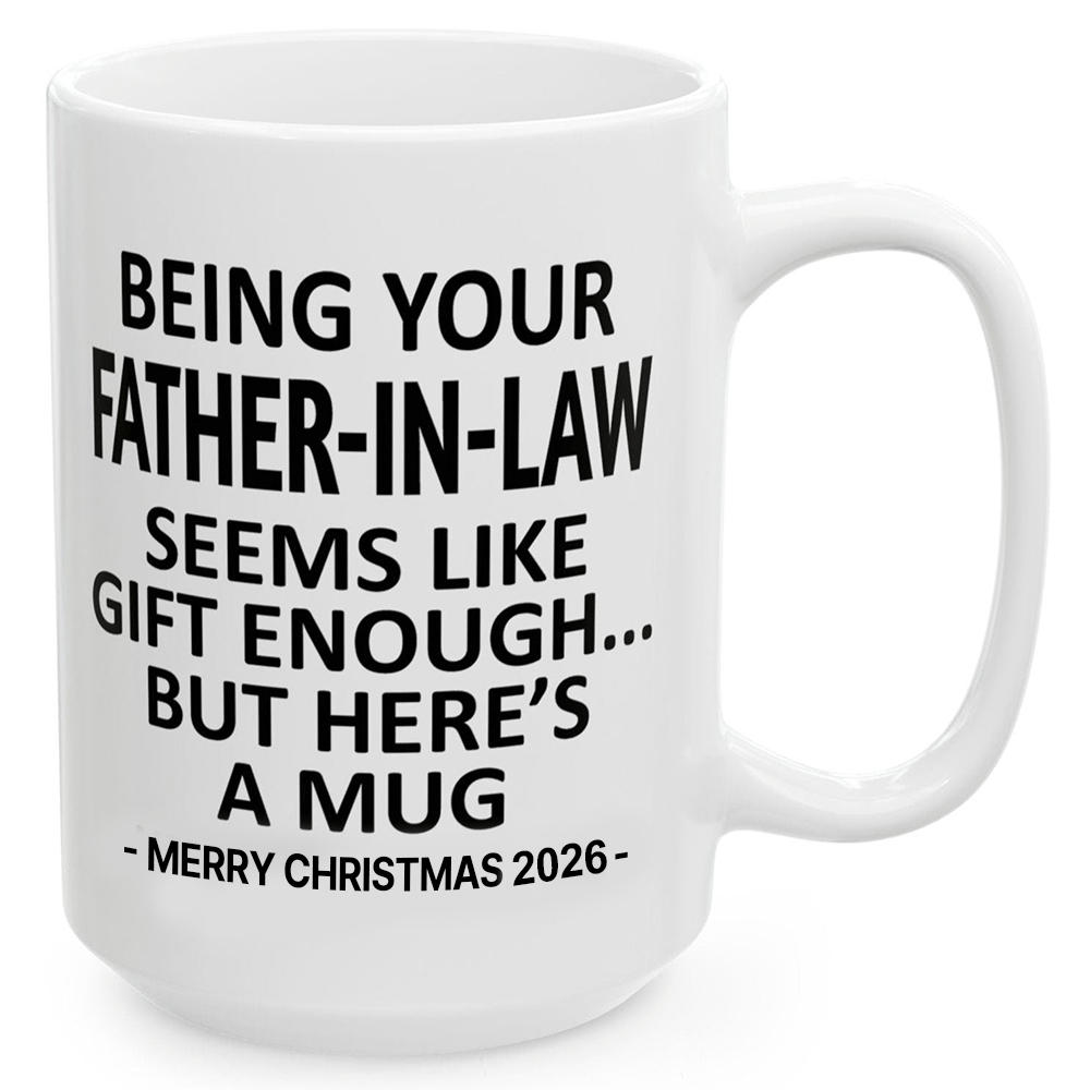 White father-in-law Christmas 2026 mug with handle on the right