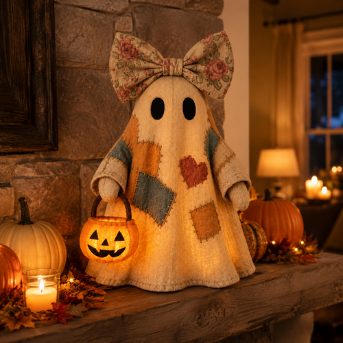 🔥 40% OFF TODAY - 👻🎃 Vintage Patchwork Ghost Decor(✨ LED Pumpkin Lantern}