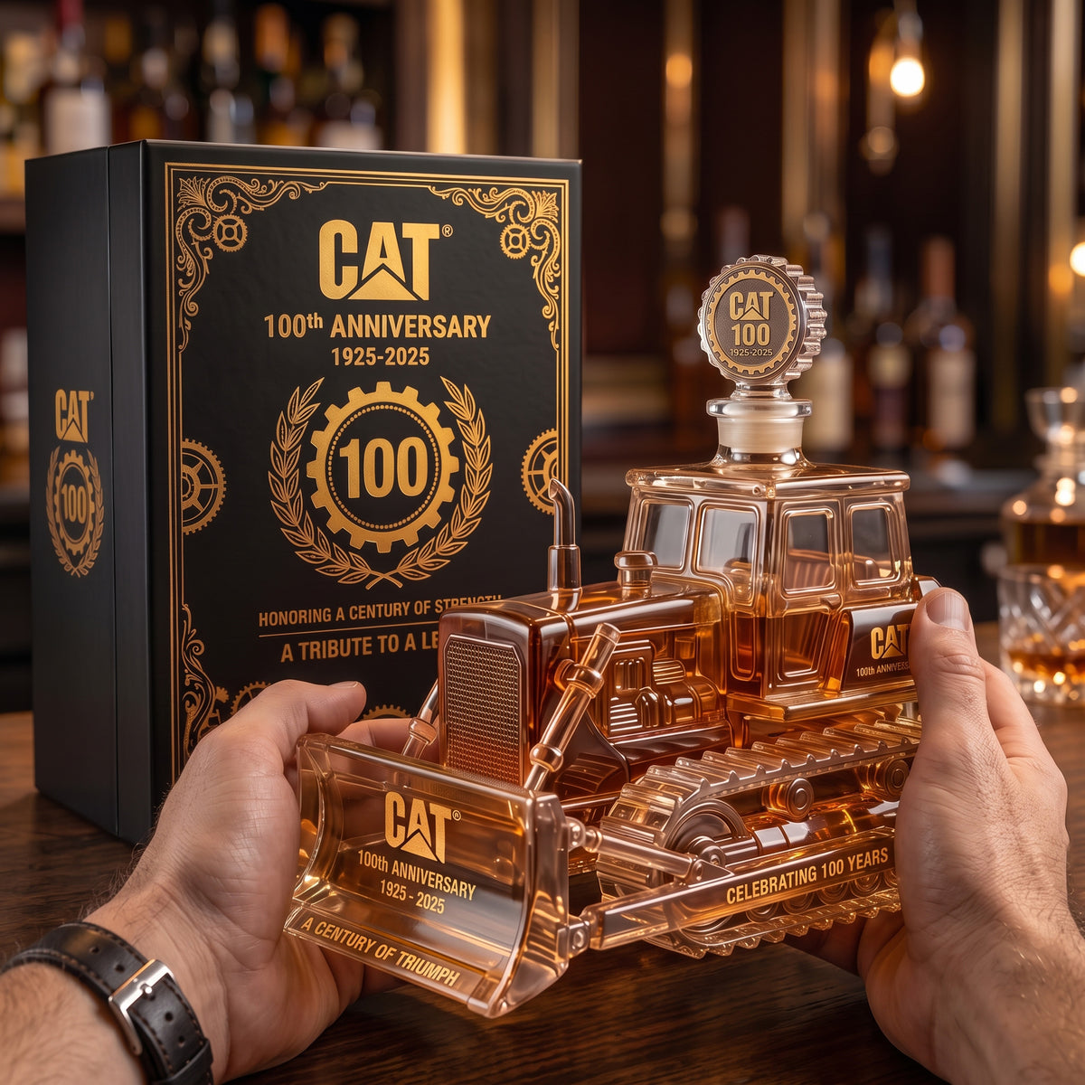 CAT 100th Anniversary Bulldozer Crystal Whiskey Decanter
