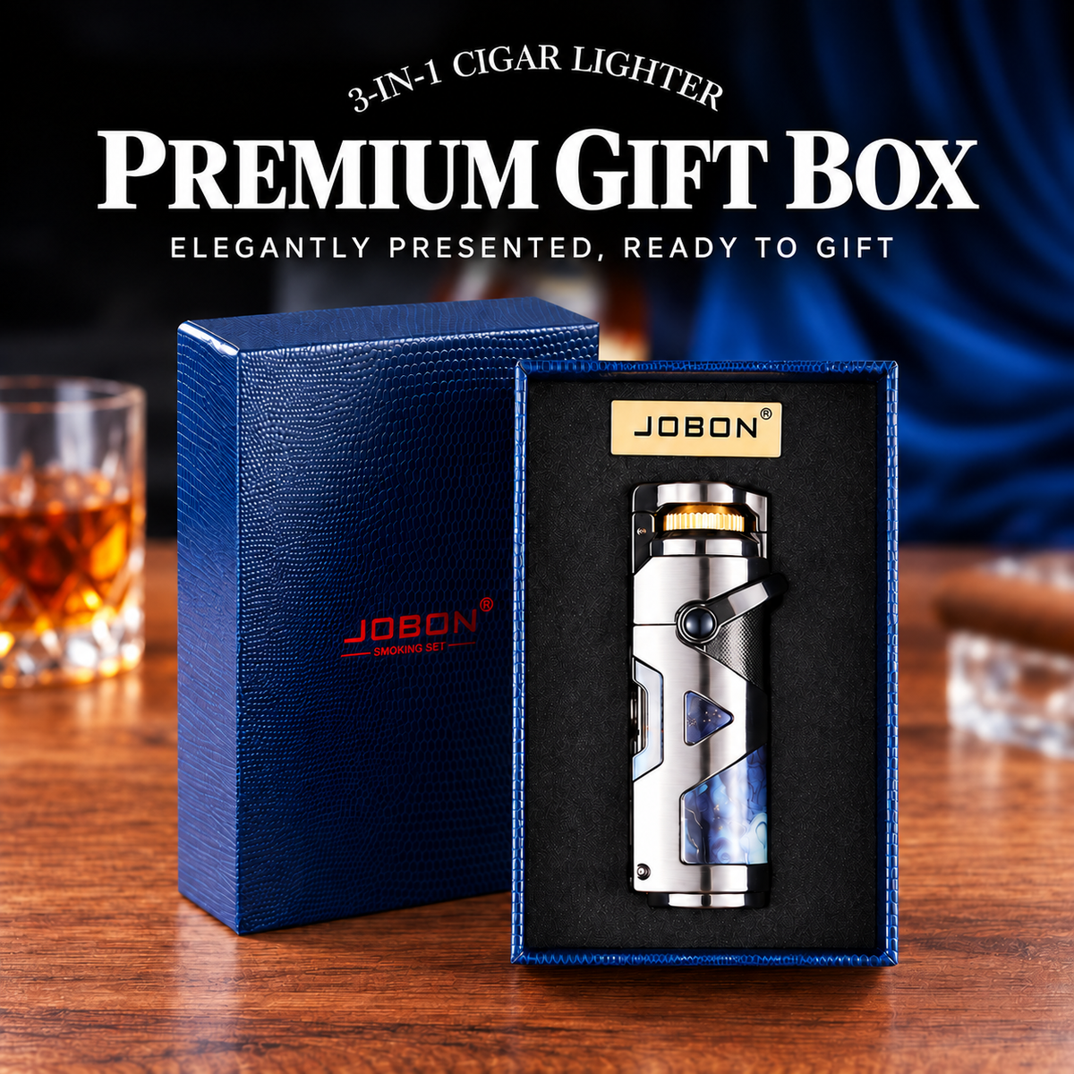 Cigar lighter shown in a blue presentation gift box