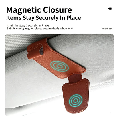 Magnetic Car Sun Visor Sunglasses Holder – Leather-Style Glasses Clip & Multi-Purpose Organizer