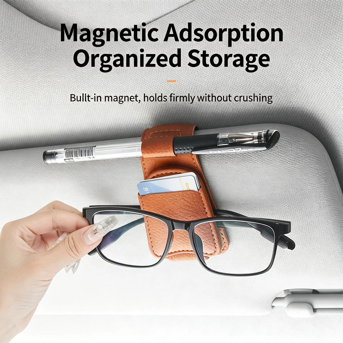 Magnetic Car Sun Visor Sunglasses Holder – Leather-Style Glasses Clip & Multi-Purpose Organizer