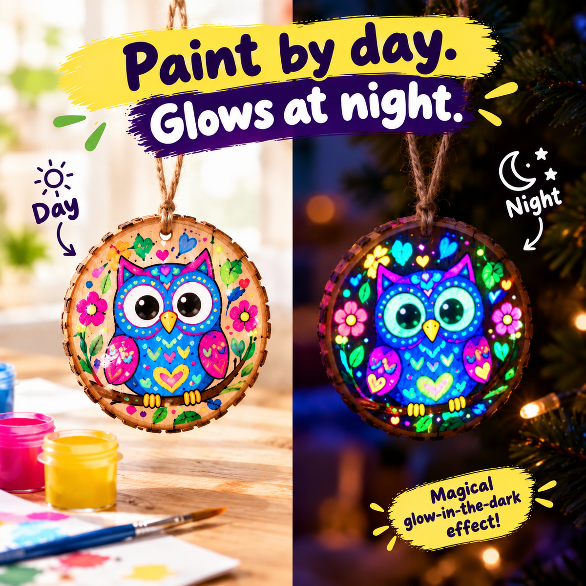 Glow-in-the-Dark Wooden Craft Kit for Kids – DIY Christmas Ornaments Painting & Decorating Set