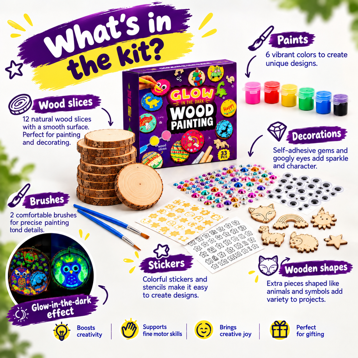 Glow-in-the-Dark Wooden Craft Kit for Kids – DIY Christmas Ornaments Painting & Decorating Set