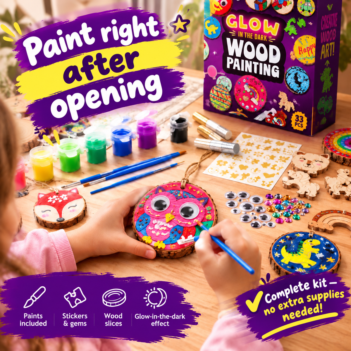 Glow-in-the-Dark Wooden Craft Kit for Kids – DIY Christmas Ornaments Painting & Decorating Set