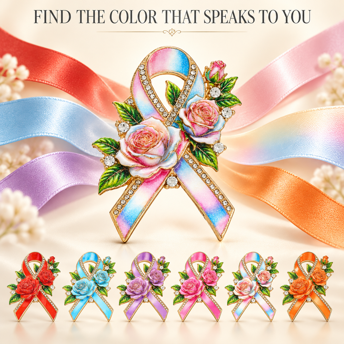 Hope Blooms™ Rose Ribbon Brooch – A Symbol of Strength, Love & Breast Cancer Awareness