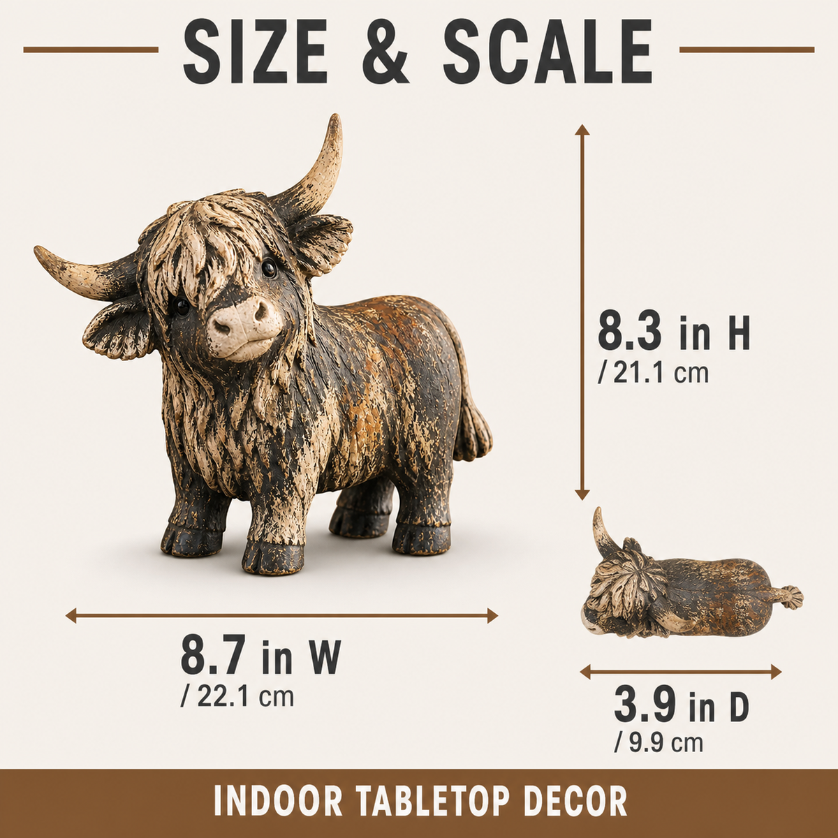 Size diagram showing the Highland cow figurine at 8.7 inches wide, 8.3 inches high and 3.9 inches deep