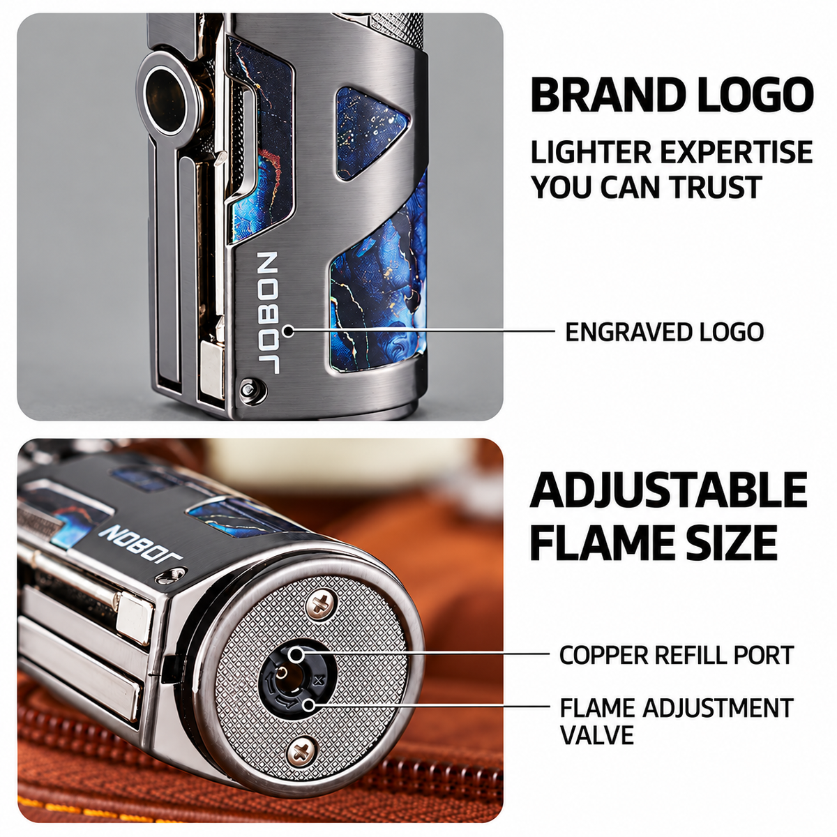 Close-up showing the bottom refill port and flame adjustment valve