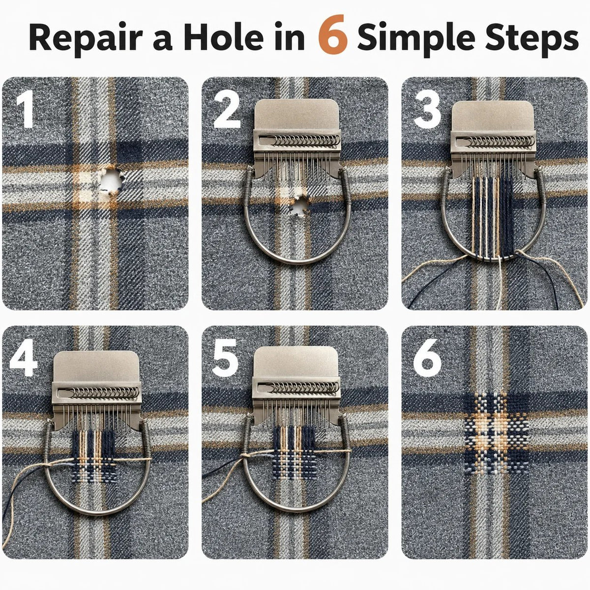 Six-step visible mending process using the 16-hook loom