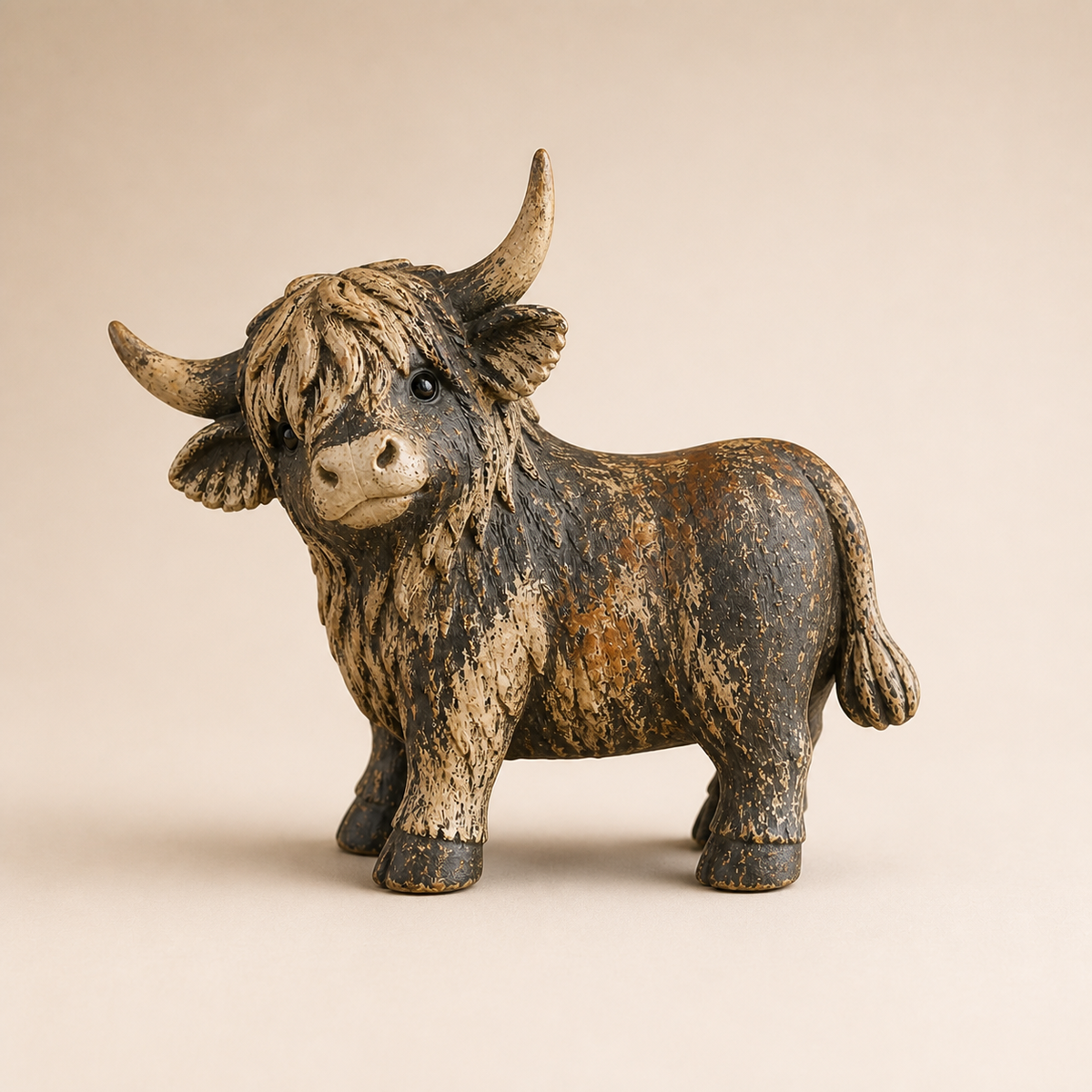 Rear three-quarter view of the rustic Highland cow figurine