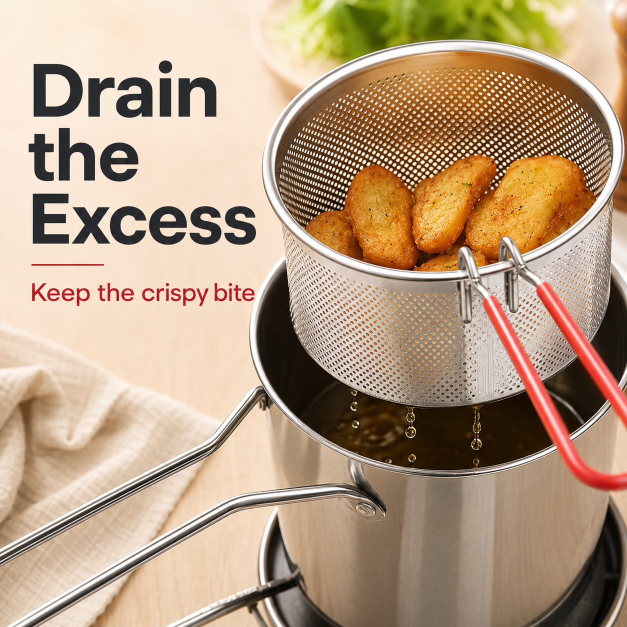 2026 🍟 Personal Mini Deep Fryer Set – Stainless Steel Pot with Lift-Out Draining Basket & Food Tongs