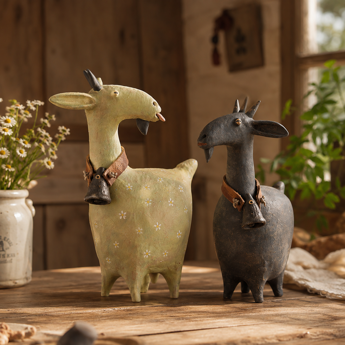 Whimsical farmhouse goat figurines pair