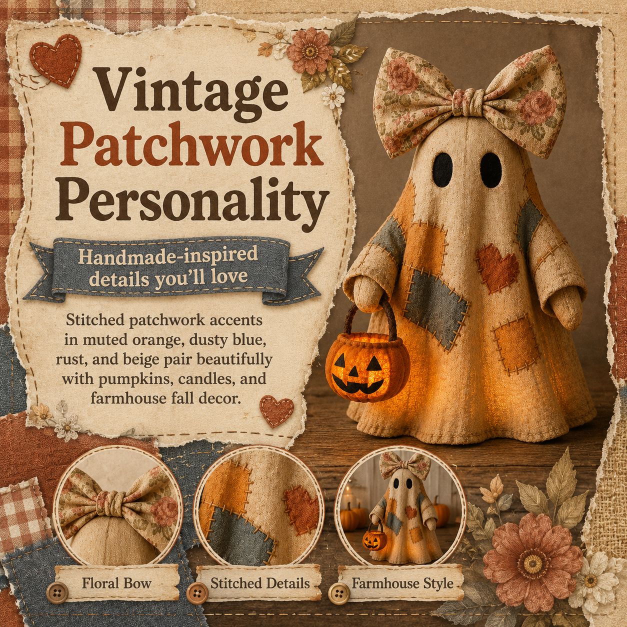 🔥 40% OFF TODAY - 👻🎃 Vintage Patchwork Ghost Decor(✨ LED Pumpkin Lantern}