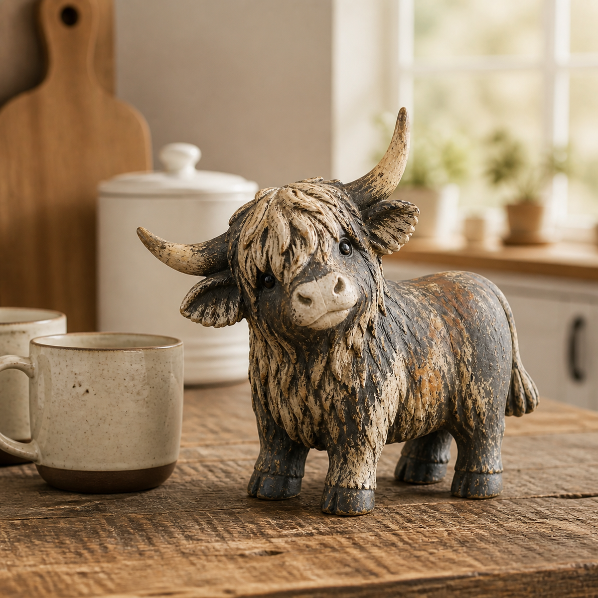Highland cow figurine styled on a farmhouse kitchen coffee bar