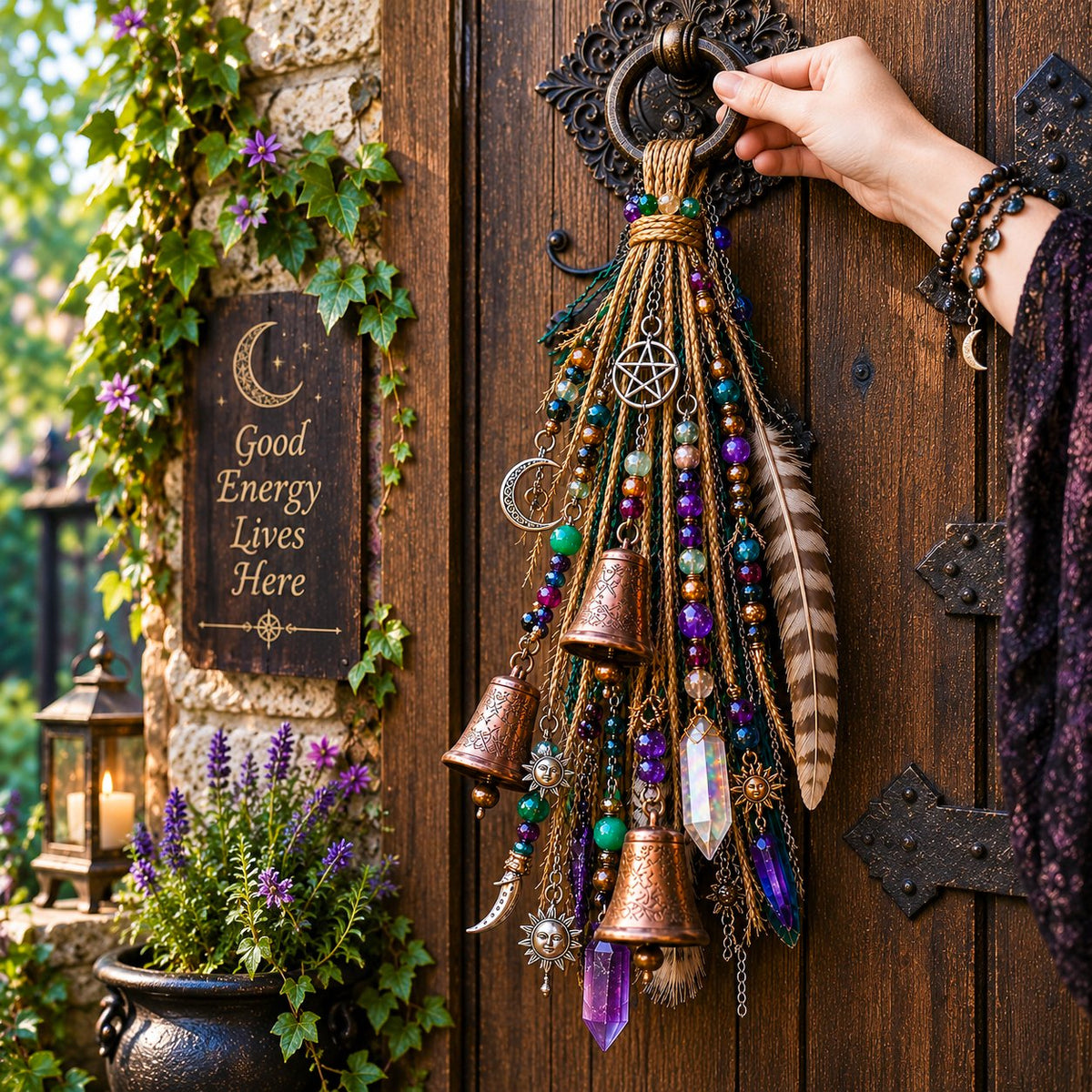 Close hanging view of the Witchy Door Charm on a door hook