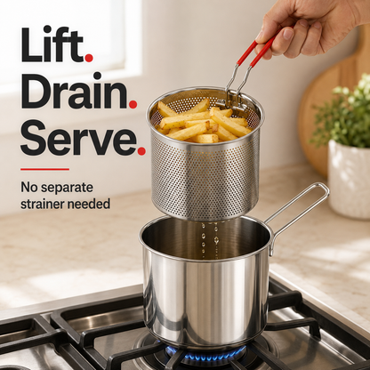2026 🍟 Personal Mini Deep Fryer Set – Stainless Steel Pot with Lift-Out Draining Basket & Food Tongs
