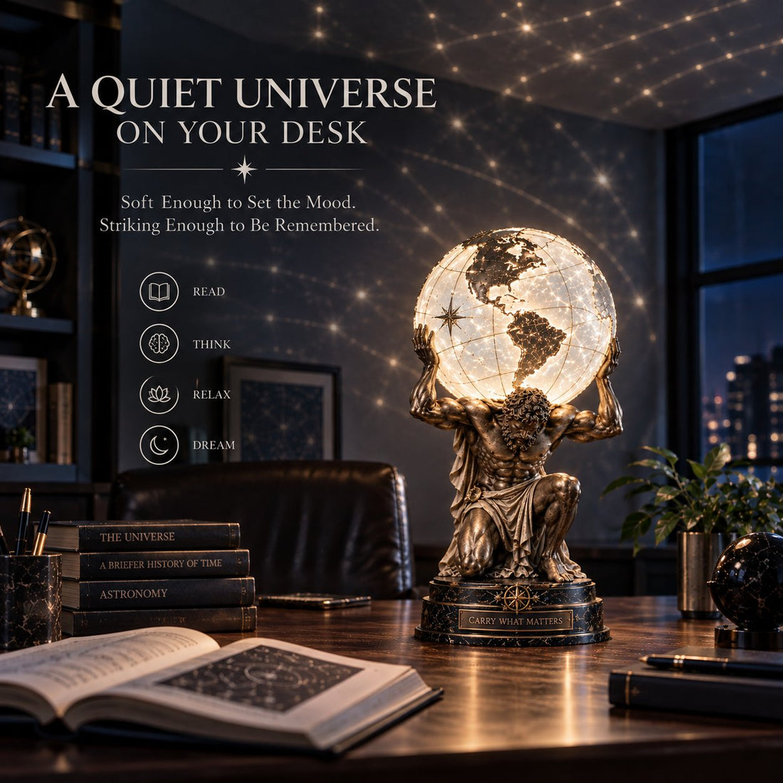 Atlas illuminated globe lamp in a quiet study setting
