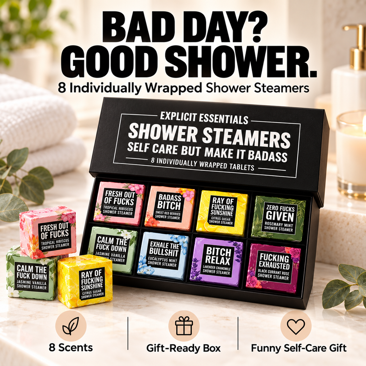 ✨ Bad Day Shower Steamers Gift Set – 8 Scented Self-Care Shower Tablets