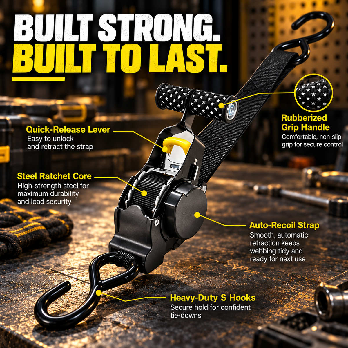 Upgraded Version: Heavy Duty Retractable Ratchet Straps