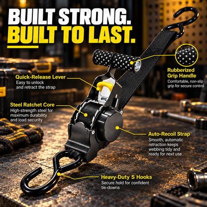 Upgraded Version: Heavy Duty Retractable Ratchet Straps