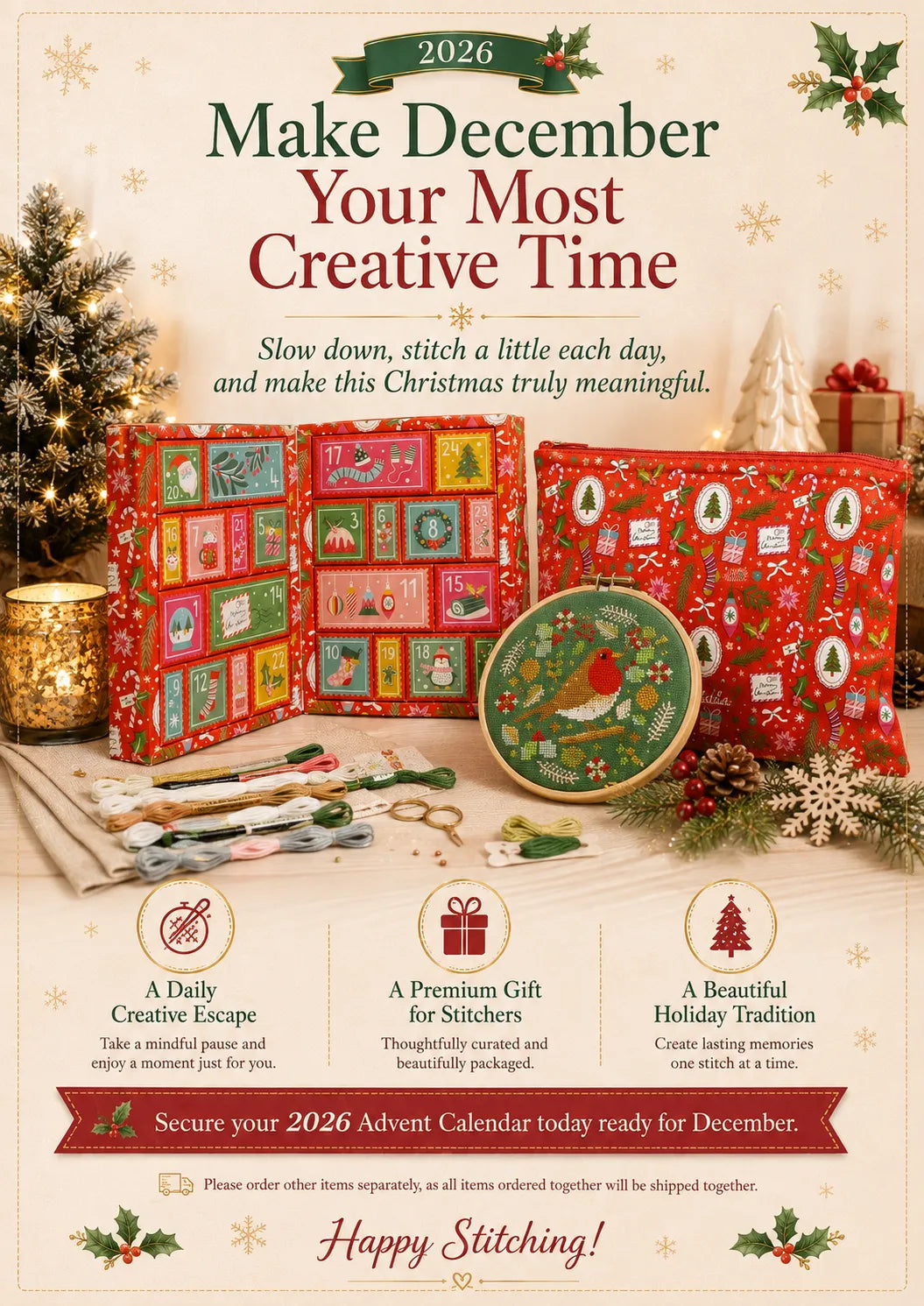 Christmas Cross Stitch Advent Calendar displayed with threads, tools and a finished robin design