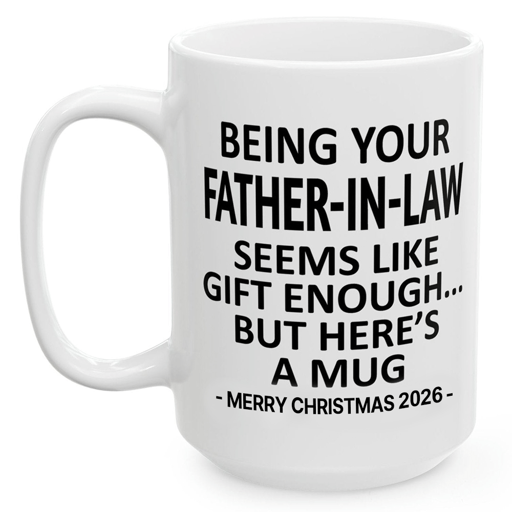 Father-in-law Christmas mug showing the complete black printed message