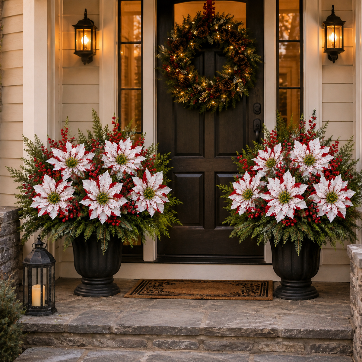 Matching poinsettia arrangements creating a welcoming Christmas entry