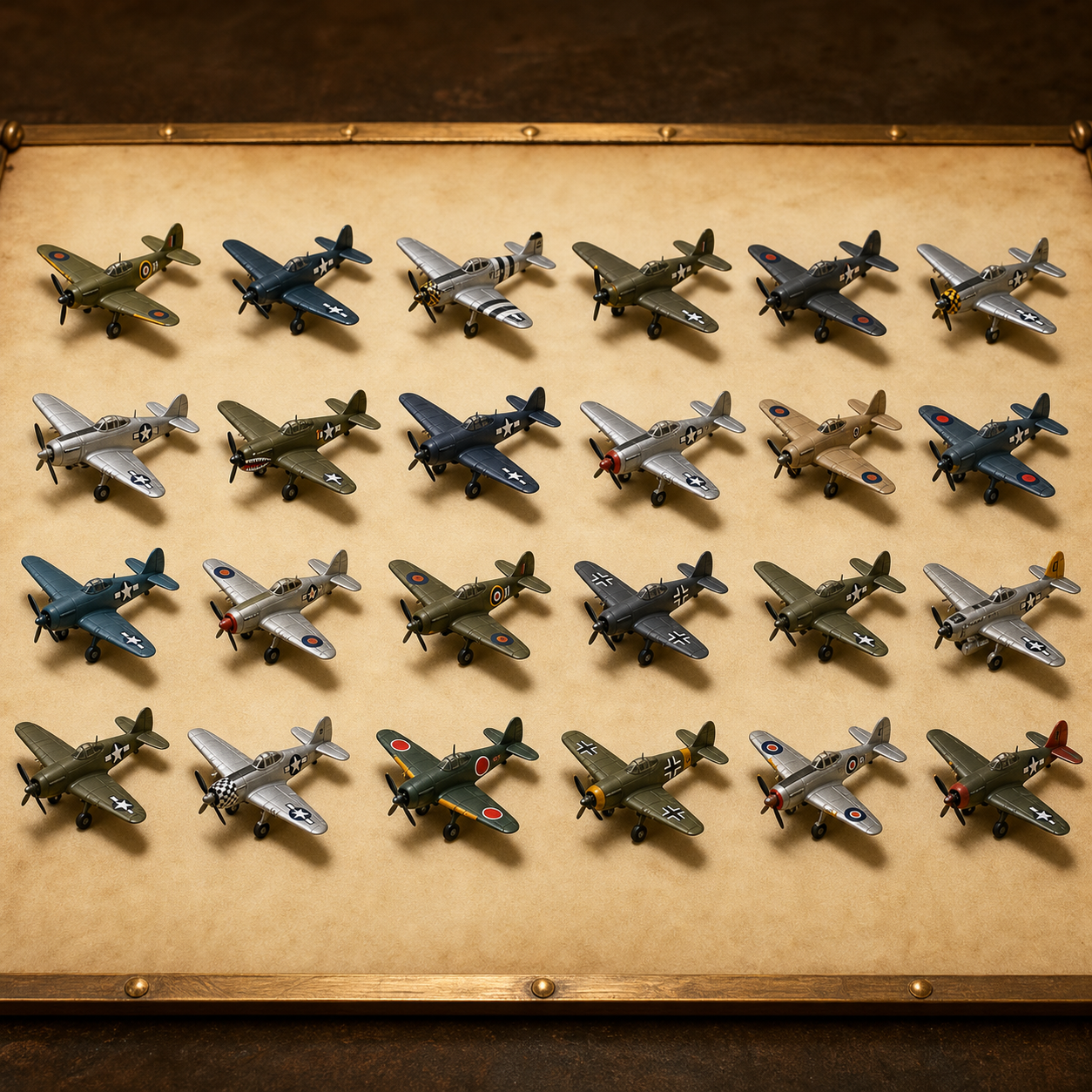 Complete formation of 24 separate three-dimensional miniature aircraft arranged in six columns and four rows