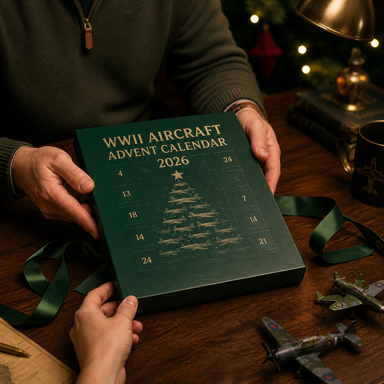 Closed 2026 WWII aircraft advent calendar presented as a Christmas gift to an adult aviation enthusiast