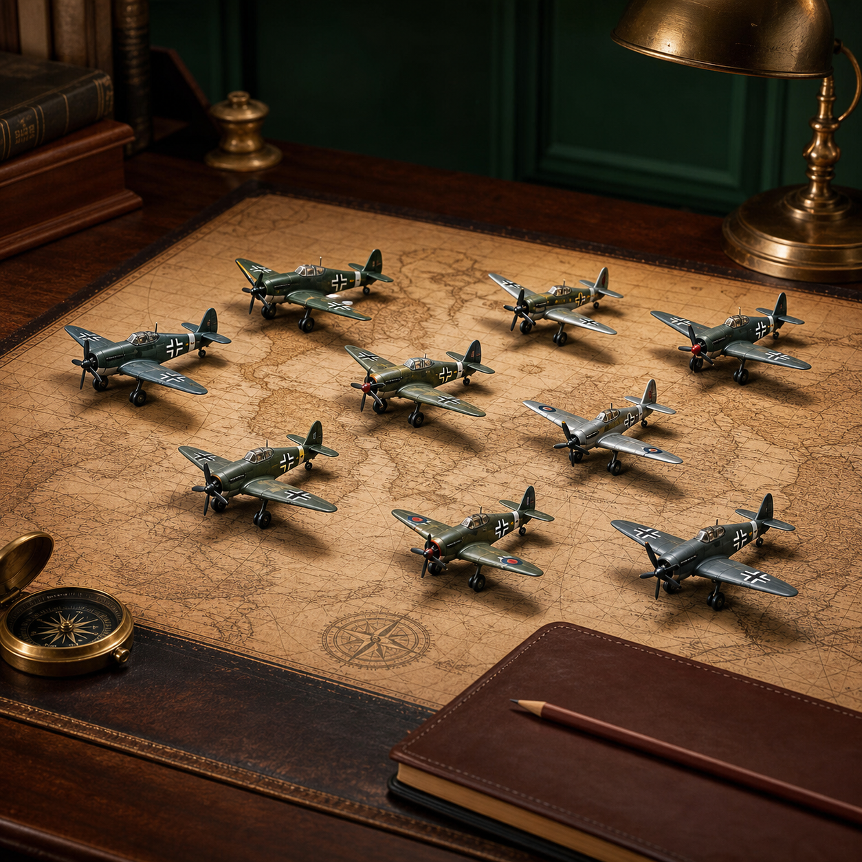 Three-dimensional miniature aircraft displayed across a vintage map