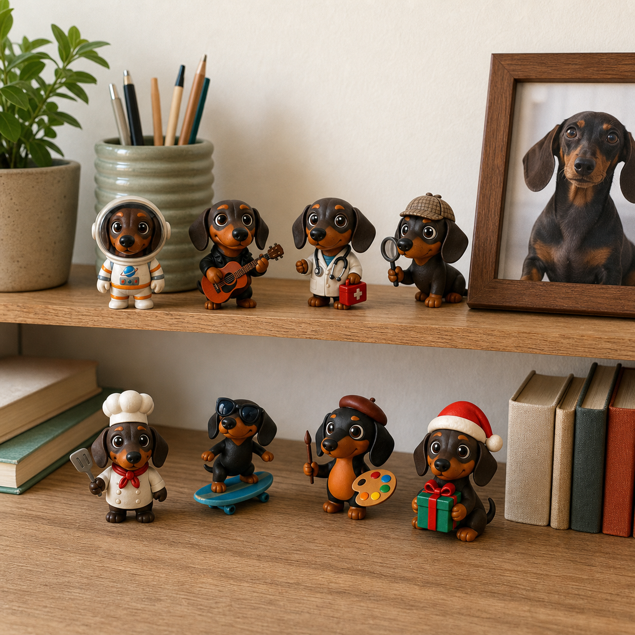 Dachshund miniatures displayed on a home office bookshelf