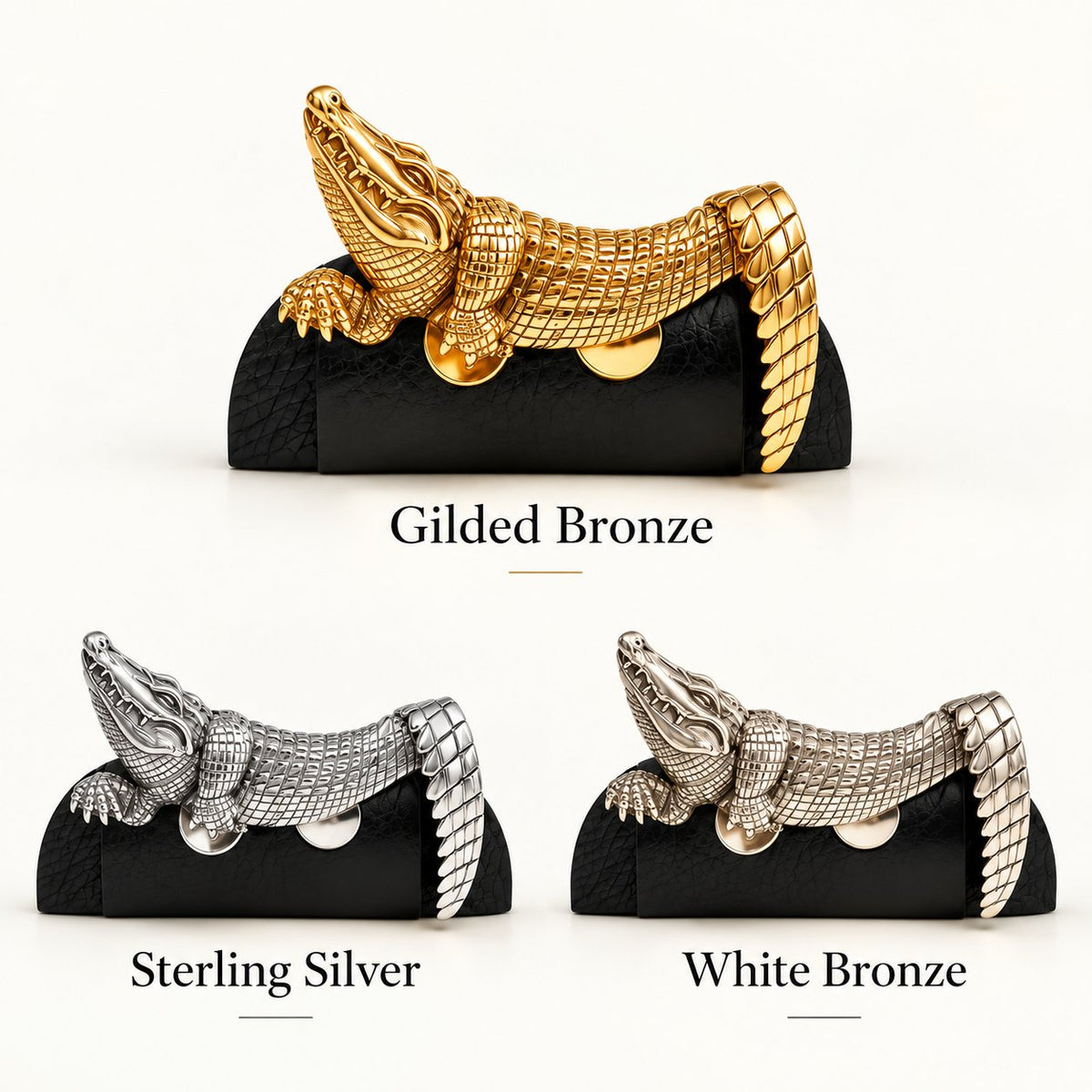 Detailed alligator brooch worn with a navy suit