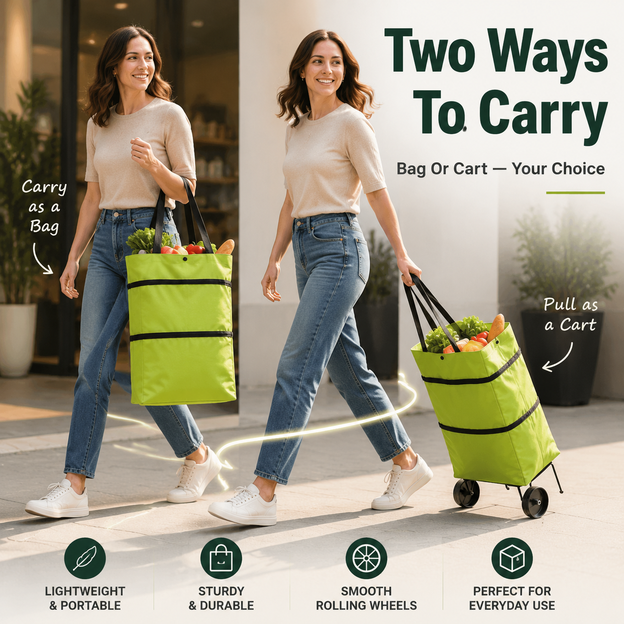 🍂 Fall Sale | 37% OFF – 2-in-1 Foldable Shopping Cart Bag with Wheels