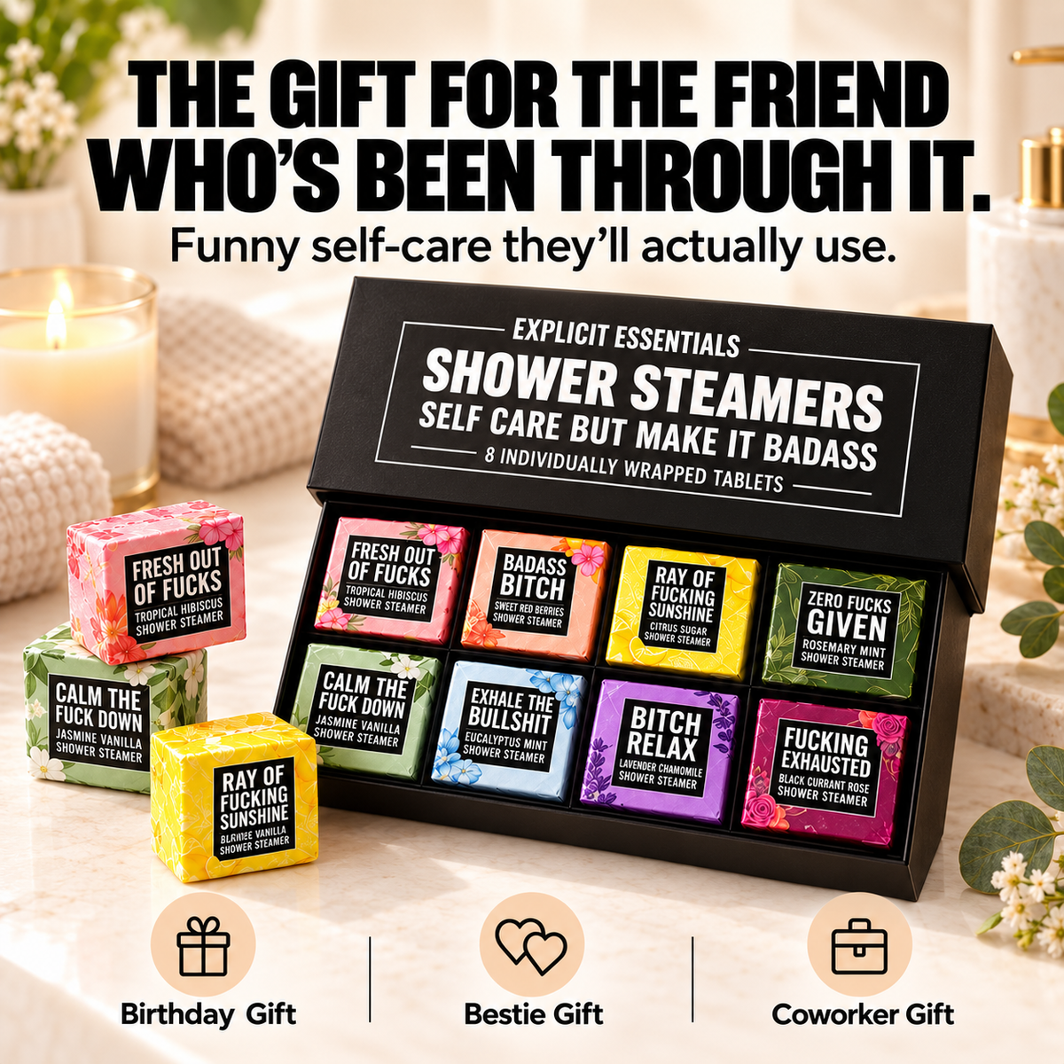 ✨ Bad Day Shower Steamers Gift Set – 8 Scented Self-Care Shower Tablets