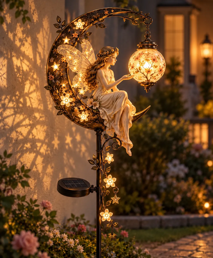 🧚‍♀️🌙 Enchanted Moon Fairy Solar Garden Light | Floral Crescent Lantern Stake, Magical Outdoor Décor & Fairy Garden Accent
