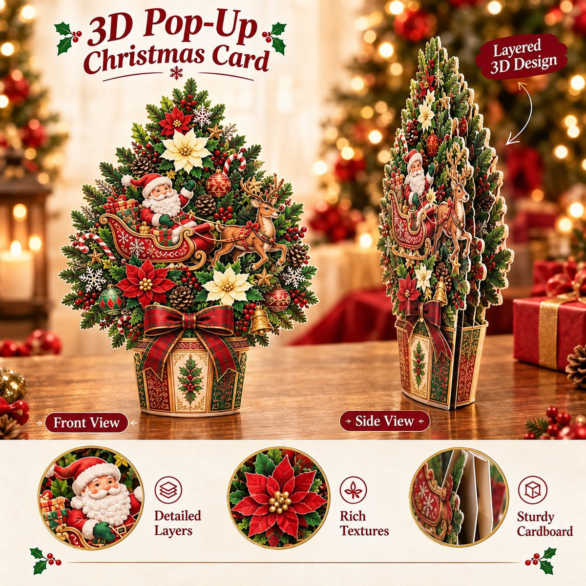 Front and side views of the layered pop-up Christmas tree card