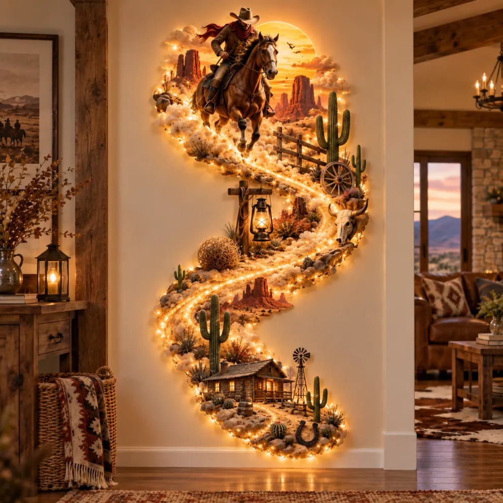 Illuminated Western cowboy wall decor with horseback rider, cacti and ranch details
