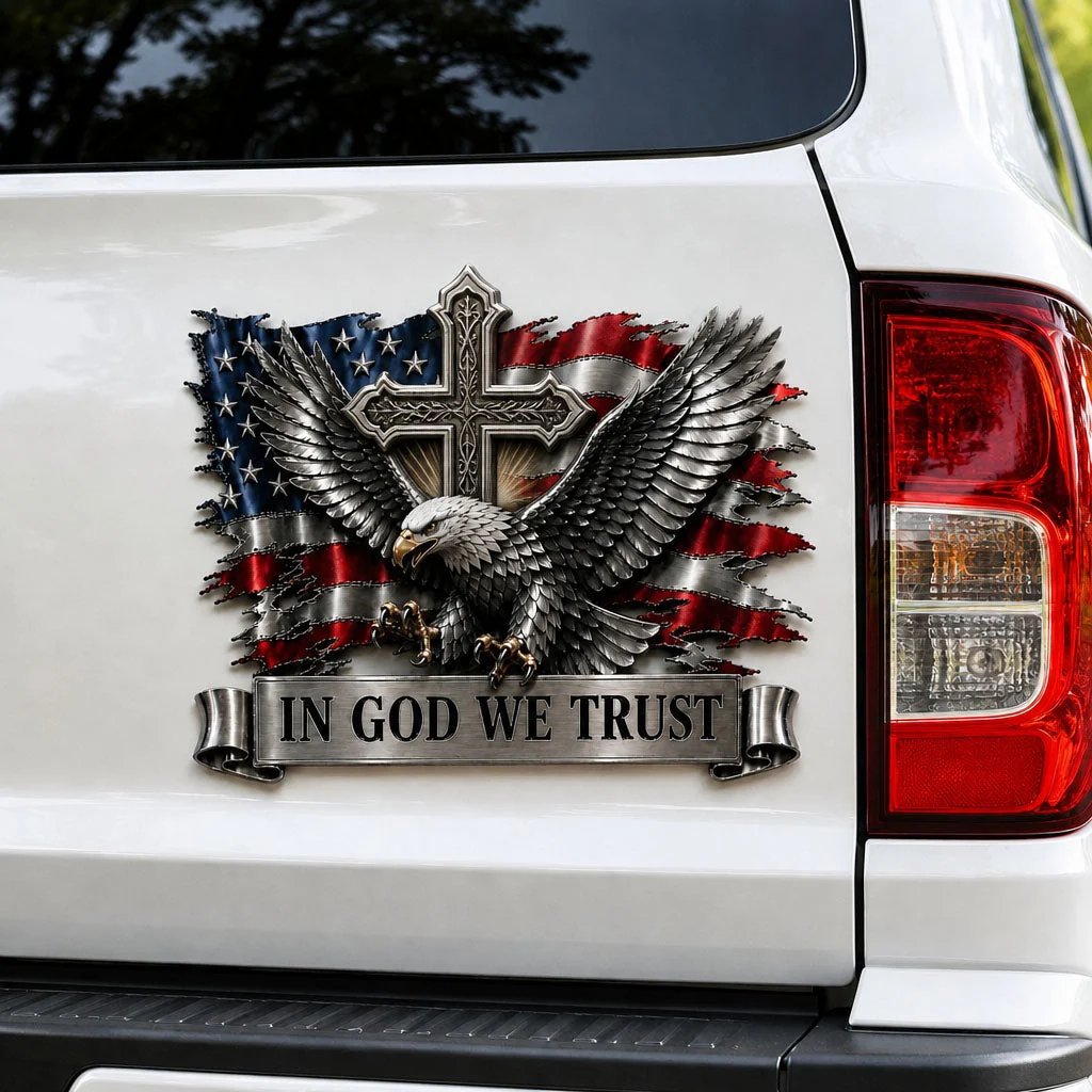 🦅 In God We Trust Bald Eagle Car Emblem | American Flag Faith Badge For Proud Patriots