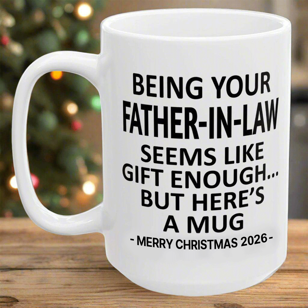 White ceramic father-in-law Christmas 2026 mug with black printed message