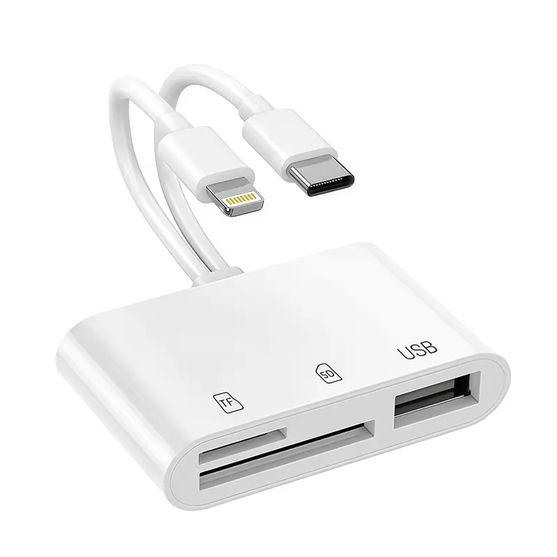 White multi-functional OTG card reader with Lightning, USB-C, TF, SD and USB ports