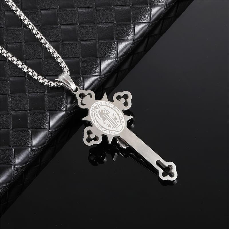 ✝️ Faith & Strength Cross Pendant – Saint Benedict-Inspired Stainless Steel Necklace