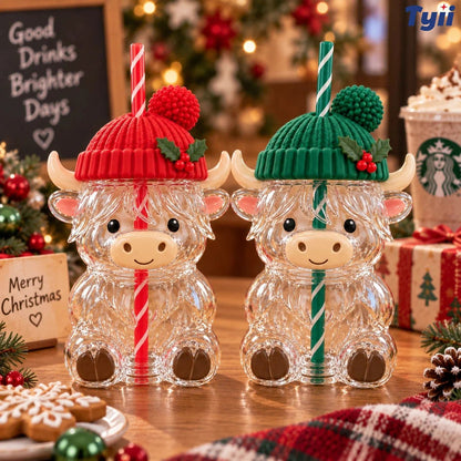 ❤️ Highland Cow Christmas Glass Cup with Straw – Cute Holiday Tumbler Gift