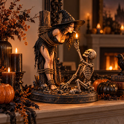 🧙 Witch & Skeleton Candle Scene Figurine – Dark Gothic Halloween Tabletop Decor