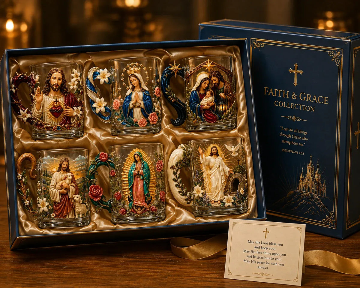 All six Christian devotional glass mug designs presented together in a gift collection